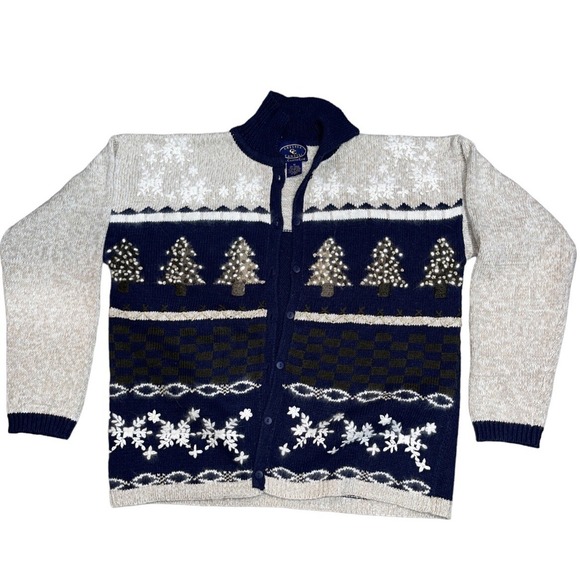Charter Club Sweaters - VTG Chelsea Campbell Charter Club Christmas Tree Sweater Cardigan Blue Tan Med